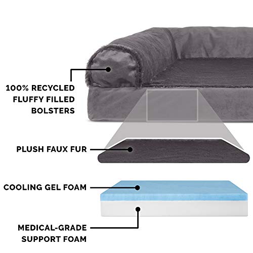 Furhaven Cooling Gel Dog Bed for Medium/Small Dogs w/ Removable Bolsters & Washable Cover, For Dogs Up to 35 lbs - Plush & Velvet L Shaped Chaise - Platinum Gray, Medium - color: (Plush & Velvet) Platinum Gray, size: Medium