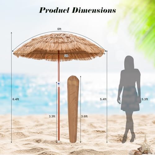 Tangkula 6ft Tiki Patio Umbrella, Tropical Hawaiian PP Grass Thatched Market Table Umbrella with Carrying Bag, Tilt Design, Foldable & Portable Design for Beach Patio Garden Poolside Backyard - color: Natural, size: 6ft