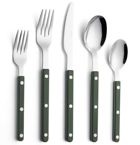 ANNOVA Silverware Set, Retro/Rivet Colorful Stainless Steel Tableware Kitchen Flatware Set Utensils, Includes Dinner Knives, Forks, Spoons, Salad Forks & Dessert Spoons (Dark Green, 10 Pieces) - color: Dark Green