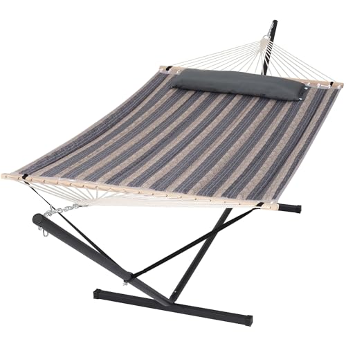 SUNCREAT Hammock with Stand 2 Person Heavy Duty, Freestanding Hammock with Spreader Bar, Soft Pillow, Gray Stripes - color: Gray & Brown, size: 12 ft Stand