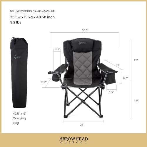 ARROWHEAD OUTDOOR Portable Deluxe Folding Camp Quad Chair w/Headrest, Glass & Cup Holders, Armest 6-can Cooler, Heavy Duty Carry Bag, 550 lbs Weight Capacity