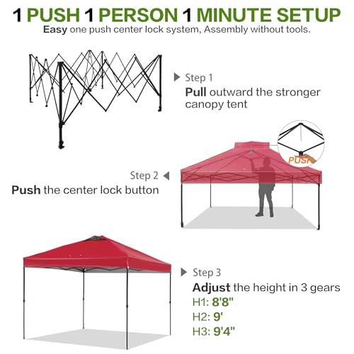 Tunbne 10'x10' Pop Up Canopy Tent with 1 Sidewall and 6 Pockets, One Push Setup, Instant Shade Tent with Vented Roof for Beach Patio Outdoor, Case, 8 Stakes, 4 Ropes, 4 Sandbags (Red, 10x10) - color: Red, size: 10x10