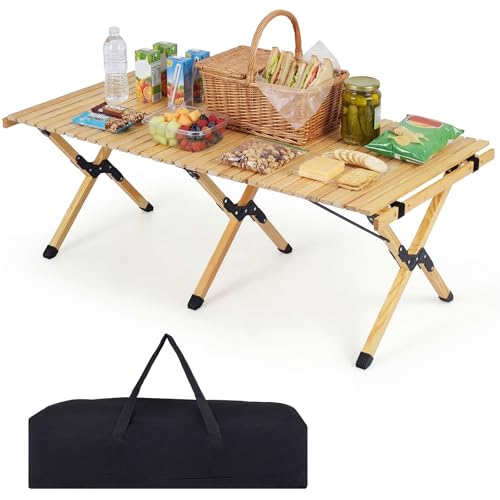 GYMAX 48 Inch Folding Camping Table, Roll-Up Pine Wood Picnic Table with Carry Bag, Portable Lightweight Low Beach Table for BBQ, Party, Backyard Camping
