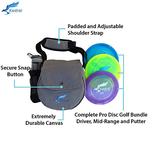 Kestrel Pro Frisbee Golf Disc Set - 3 Disc Golf Discs & Gray Disc Golf Bag - Includes Disc Golf Driver, Midrange Disc & Disc Golf Putter - Pro Disc Golf Set to Enjoy The Outdoors
