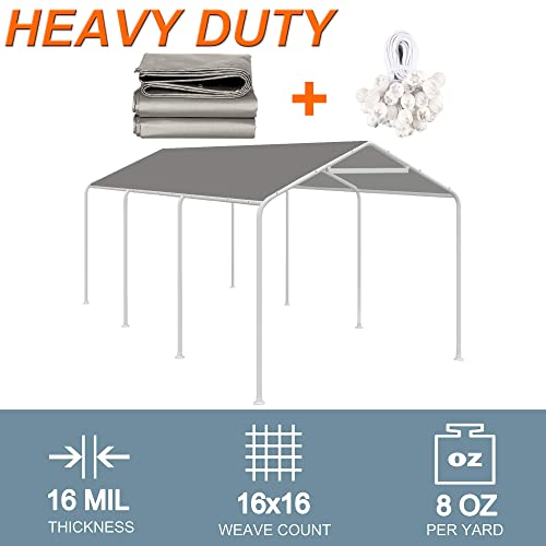 Thanaddo 10 x 20 Ft Carport Replacement Canopy Cover Garage Top Tent Shelter Tarp with Free 44 Ball Bungee Cords,Grey(Only Cover, Frame Not Include) - size: 10x20 grey