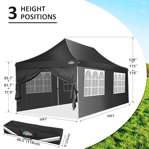 COBIZI 10x20 Pop Up Canopy with 6 Sidewalls, Conical Canopy Tents for Parties, Backyard, Commercial, Waterproof Event Tent Instant Shelter UV50+ Outdoor Gazebo with 4 Sandbags (Peak Drainage) - color: Pure Black, size: 10x20FT
