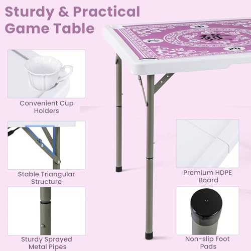 Goplus Mahjong Table, 35" Square Folding Card Table w/4Cup Holders, Anti Slip Mat, HDPE Tabletop, Metal Legs, Portable Mahjong Game Table for Domino Game, Picnic (Pink, Table w/Removable Mat) - style: Pink, Table w/Removable Mat