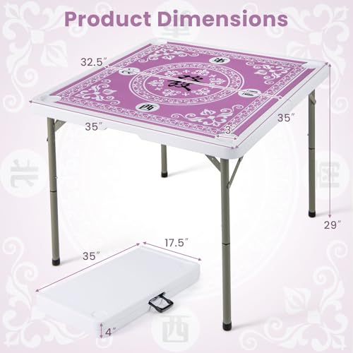 Goplus Mahjong Table, 35" Square Folding Card Table w/4Cup Holders, Anti Slip Mat, HDPE Tabletop, Metal Legs, Portable Mahjong Game Table for Domino Game, Picnic (Pink, Table w/Removable Mat) - style: Pink, Table w/Removable Mat