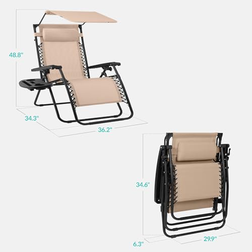 Best Choice Products 30” Wide Folding Zero Gravity Outdoor Recliner Patio Lounge Chair w/Adjustable Canopy Shade, Headrest, Side Accessory Tray - Beige - color: Beige, size: Oversized Extra Wide