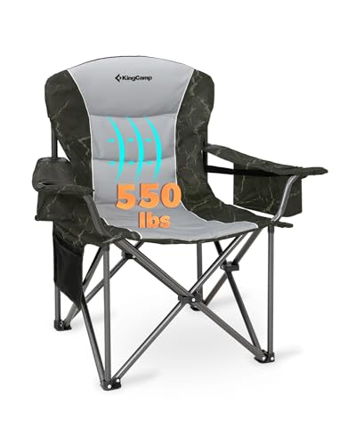 KingCamp Oversized Camping Chair with Adjustable Lumbar Support, 550lbs Heavy Duty Padded Folding Lawn Chair for Adults, Outdoor Armchair with Cooler Bag, Cup Holder & Side Pocket for Fishing, Travel - color: 1 Pack-green/Grey
