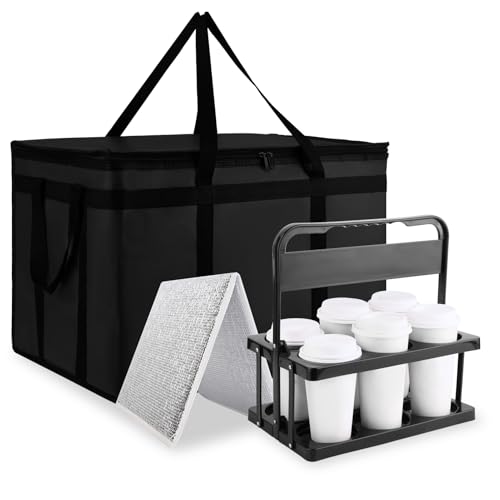 Cooler Insulated Food Delivery Bag & Drink Carrier with Hard Bottom, XXX-Large Pizza Bags for Commercial Food Delivery, Grocery Catering Travel Thermal Frozen Carrier, Cold Warmer Accessories - color: Black Bag with Drink Carrier, size: 23" x 14" x 15"