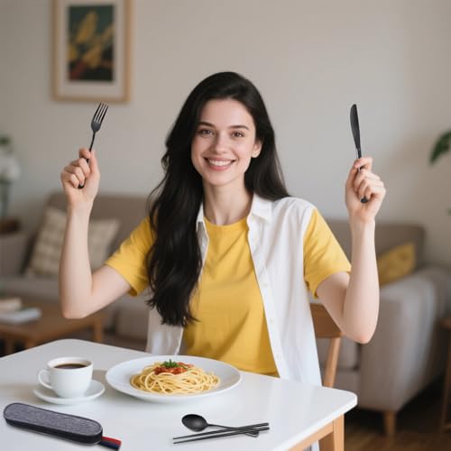 Reusable Travel Utensils Set with Case, Premium Stainless Steel Flatware, Portable Silverware for Lunch, Camping, Picnic, Travel Fork and Spoon Set, To Go Utensils, Dishwasher Safe - color: Black