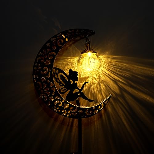 Solar Garden Lights Outdoor Decor,Moon Fairy Crackle Glass Lights,Waterproof Warm White LED Metal Stake Ornament,for Walkway Backyard Patio Lawn Pathway Decorations-Unique Gift Ideas for Gardening - color: Bronze Moon Fairy