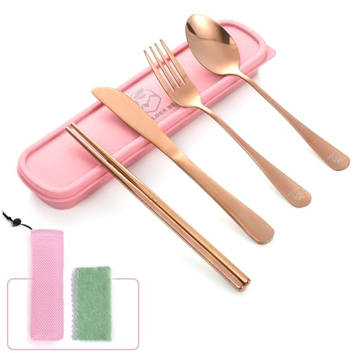 Boulder Bee Travel Utensils Set | Reusable Camping Cutlery Set | Stainless Steel Flatware Set | Portable Silverware Set with Case | Includes Knife/Fork/Spoon/Chopsticks/Cleaning Cloth/Case (Rose) - color: With Chopsticks-Rose