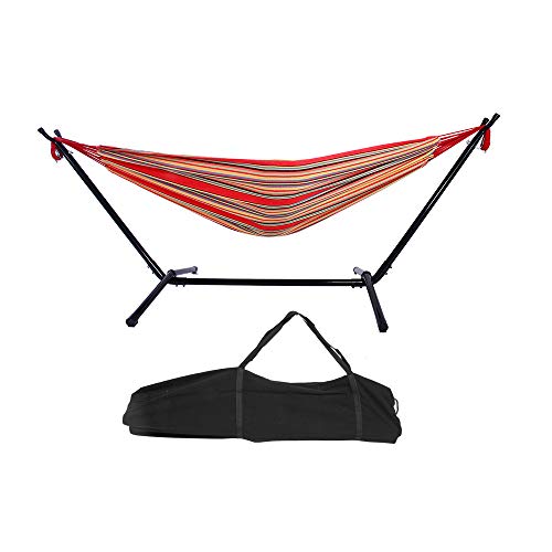 Double Hammock with Steel Stand, Adjustable Hammock Bed,Portable Outdoor Polyester Hammocks Set,2-Person Heavy-Duty Hammocks for Camping Garden Backyard Patio,250lbs Capacity (Red Stripe) - color: Red Stripe