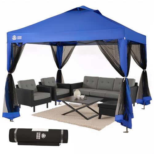 CROWN SHADES Gazebo 10x10 Pop Up Canopy with Mosquito Netting, Screen Tent with 4 Ropes, 8 Stakes, 4 Sandbags and Wheeled Storage Bag, Canopy for Patio & Backyard Parties,Camping&Events -(Blue) - color: Blue, size: 10x10
