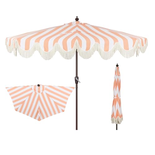 JONATHAN Y Half Umbrella UMB1201E Beverly 9 ft. Designer Classic Scalloped Fringe Market Patio with Crank, Push Button Tilt and UV Protection in Coral Pink/White - color: Coral Pink/White