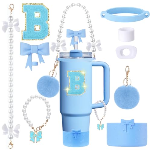 9pcs Stanley Cup Accessories Set- for 30oz 40oz Tumblers with Handle - Bule Kit Includes Bow Straw Topper and Boot, Charm, Pearl Handle Strap & Stickers - Aesthetic Girl Gifts (B) - color: B