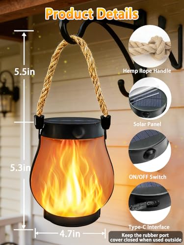 4 Pack Gen2 Solar Lanterns Outdoor Waterproof, Solar Lantern with Dancing Flame, 2 Lighting Modes, Dual Charging USB & Solar, Solar Outdoor Lights with Rope Handle for Camp Garden Tree Tabletop Decor - size: 4 PK