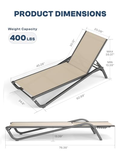 Patio Chaise Lounge Chairs Set of 6, All-Weather Aluminum Pool Loungers for Outside, 5-Position Adjustable Sunbathing Chairs for Tanning, Stackable for Backyard, Poolside, Beige - color: Beige, size: Set of 6