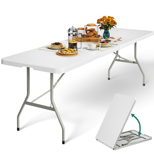 YITAHOME 8FT Folding Tables, Heavy Duty Folding Table with Carrying Handle, Plastic Fold up Table for Outdoor Camping Picnic Parties/Indoor Events, White - color: White