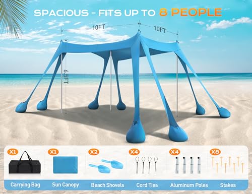 Rengue Beach Tent, Beach Canopy UPF50+ UV Protection, 10x10ft Beach Shade Sun Shelter with 8 Sandbags, Sand Shovels, Ground Pegs, Stability Poles for Camping, Fishing, Picnics, Backyard Fun, Sky Blue - color: Sky Blue