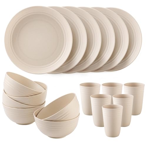 18PCS Wheat Straw Dinnerware Sets Kitchen Dinnerware Set Unbreakable Cups Plates and Bowls Set Lightweight Dish Set Microwave and Dishwasher Safe Dishes