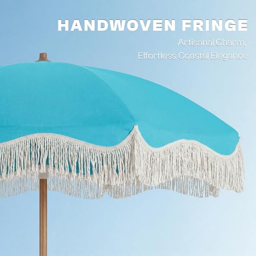 7ft Patio Umbrella with Fringe, Boho Beach Umbrellas, Outdoor Tassels Umbrellas with Push Button Tilt & Carrying Bag, 8 Windproof Fiberglass Ribs, UPF50+ - color: Light Blue
