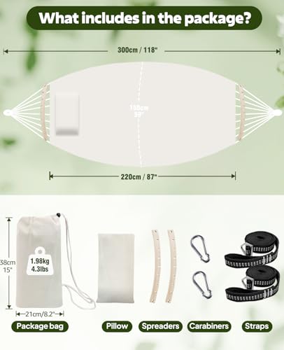 Chihee Hammock for Stand 9.8ft x 4.9ft Soft Cotton Hammock Holds Up to 660lbs Portable Tree Hammocks with Detachable Spreader Bar Pillow 2 Strong Webbings 2 Carabiners Patio Garden Indoor Outdoor - color: Natural White, size: 300x150cm