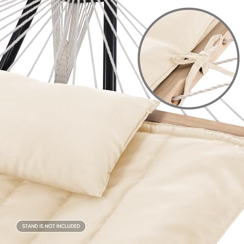 SUNCREAT 2 Person Hammock with Hardwood Spreader Bar, Outdoor Rope Hammock with Polyester Pad, 475 lbs Capacity, Beige - color: White