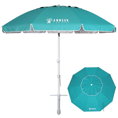 AMMSUN 8 Feet Large Beach Umbrella with Sand Anchor Heavy Duty High Wind Portable Outdoor Umbrellas UV 50+ Protection Air Vent Tilt Patio Garden Pool - color: Teal
