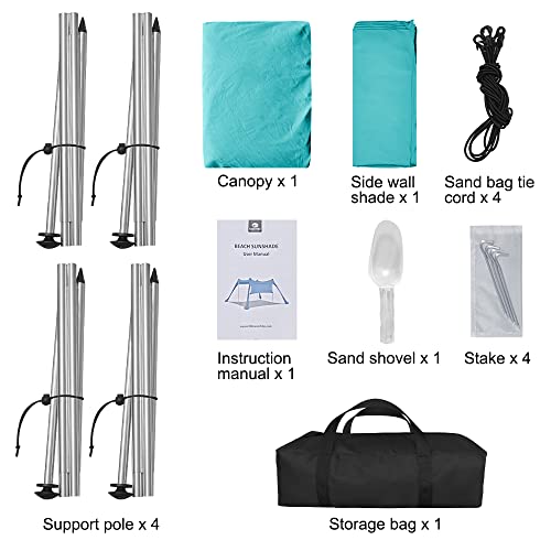 Beach Canopy Tent Shade with Sidewalls 10x10FT, 6.6FT Tall, UPF50+ Sun Shelter, Windproof & Water Resistant, Includes Guylines Sand Shovel Stability Poles, Easy Up for Beach Outdoor Camping Backyard - color: Turquoise