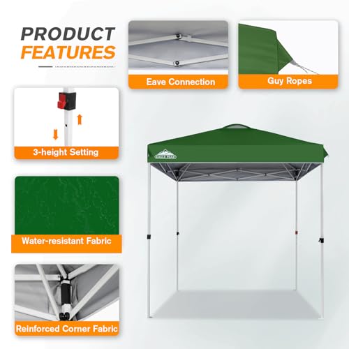 EAGLE PEAK Pop Up Canopy Tent with Wheeled Carry Bag, 8 Stakes, 4 Ropes, Easy Set Up Tent Canopy, 6.6x6.6 ft, Green - color: Green, size: 6.6x6.6