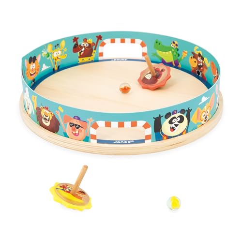 Janod Applepop Spinning Top Arena Carnival Game - 5 Piece Set - 2 Players - Ages 4-8 - J03355 - style: Spinning Top Arena