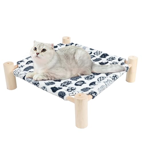 Patas Lague Cat and Dog Hammock Bed for Small Dogs, Brethable Wooden Cat Pet Rabbit Elevated Bed Cots Furniture for All Seasons Fleece Ivory - color: Ivory