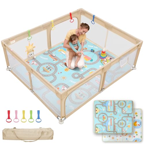 Dripex Baby Playpen with Mat, 71"x59" Play Pen for Toddlers 1-3 Years, Soft Breathable Visible Mesh, Indoor/Outdoor Portable Play Yard with Mat, Safe Baby Fence Play Area, Beige - color: Beige, size: 71"×59" with Mat