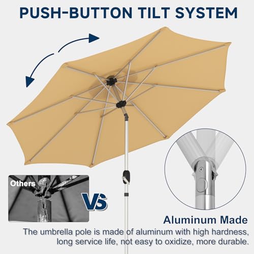 9FT Aluminum Outdoor Patio Umbrella, Fade-Resistant Market Umbrella with Push Button Tilt Function, 8 Sturdy All-Aluminum Ribs for Gardens, Patios, Backyards & Pools - color: Beige, size: 9FT-1Tier (Aluminum Umbrella)