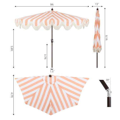 JONATHAN Y Half Umbrella UMB1201E Beverly 9 ft. Designer Classic Scalloped Fringe Market Patio with Crank, Push Button Tilt and UV Protection in Coral Pink/White - color: Coral Pink/White