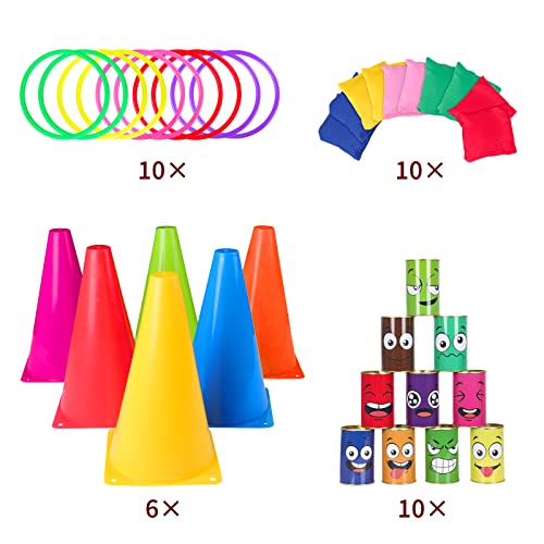 36PCS Carnival Games Combo Set 4 in 1 Bean Bag Toss Can Games Plastic Cone Ring Toss Game for Indoor Outdoor School Field Day Birthday Party Yard Game for Kids Adults