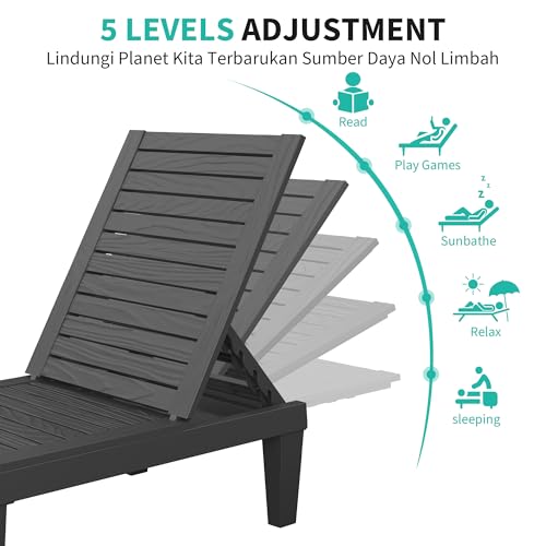 NUNU LAB Outdoor Chaise Lounges Set of 2, 5-Position Adjustable Patio Recliners with All-Weather Resin, Sun Loungers for Deck, Garden, Beach, Pool Sunbathing (Black Wood Grain, Set of 2) - color: Black Wood Grain, size: Set of 2
