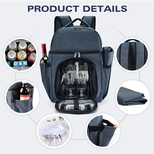 Vogano Picnic Backpack & Accessories – Insulated Picnic Set for 2 Person with Dual Compartments, Lightweight Blanket, Cutlery Set, for Newlyweds and Couples Gifts Blue