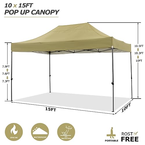 COBIZI 10x15 Heavy Duty Pop up Canopy Tent Easy Up Commercial Outdoor Canopy Wedding Party Tents for Parties All Season Wind & Waterproof Gazebo with Carry Bag, Khaki(Frame Thickened) - color: Khaki, size: 10x15 Without Sidewalls