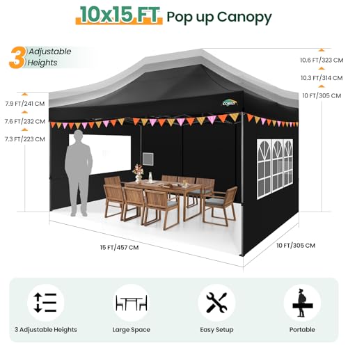 COBIZI 10x15 FT Heavy Duty Pop up Canopy with 4 Removable Sidewalls, Easy up Gazebo High Stability, All Weather Sunshade 100% Waterproof Outdoor Canopy Tents with Carry Bag, Black - color: Black, size: 10x15 with 4 sidewalls
