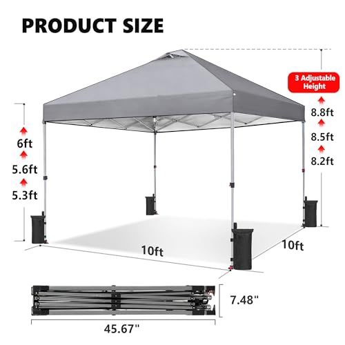 OLIXIS 10x10ft Pop Up Canopy Tent, Heavy Duty 1-Person One Push Setup, Portable Outdoor Shelter for Beach, Events, Camping Includes Rolling Carry Bag, Grey - color: Gray, size: 10 X 10 Ft