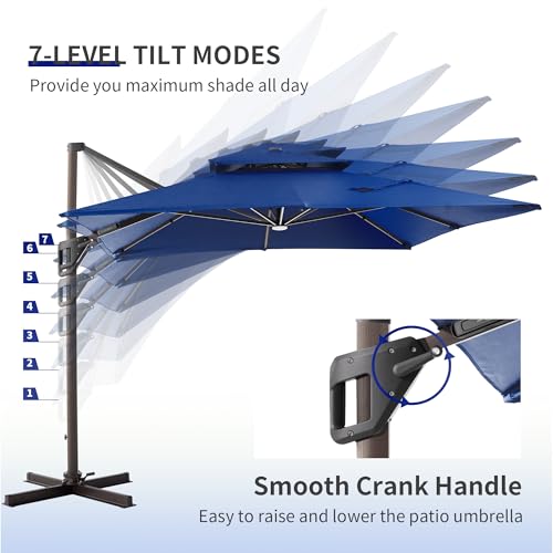 JZAC & QZYD 9x12 FT Outdoor Cantilever Patio Umbrella with LED Lights, Large Heavy Duty 2-Tier Aluminum Offset Umbrellas with 360-Degree Rotation for Pool Deck, Navy - color: Navy, size: 9'×12'
