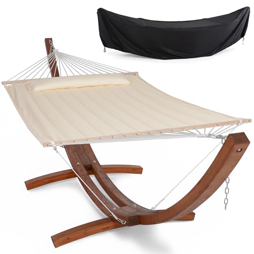 SUNCREAT Hammocks Double Hammock with 13.5 ft Wooden Stand, Hammock Cover, Outdoor Hammocks for Outside, 475 lbs Capacity, Beige - color: Beige