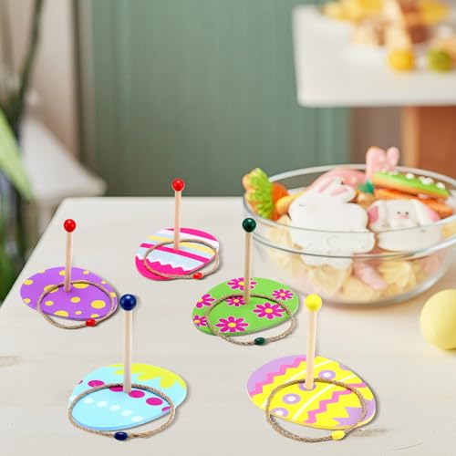Kathfly 5 Set Easter Egg Ring Toss Game with 5 Targets Stands and 10 Rings Set Easter Egg Activities Toys Party Gifts for Indoor Outdoor Family Backyard Activity