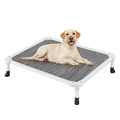 Veehoo Chew Proof Elevated Dog Bed - Cooling Raised Pet Cot - Silver Aluminum Frame and Durable Textilene Mesh Fabric, Unique Designed No-Slip Feet for Indoor or Outdoor Use, Black Silver, Medium - color: Black Silver, size: 32.0"L x 25.0"W x 7.0"Th