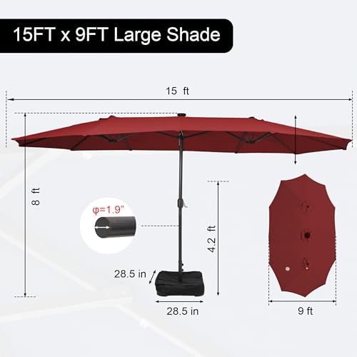 Sundale Outdoor 15ft Large Patio Umbrella with Base Included and Umbrella Cover, Outdoor Double-Sided Umbrella - color: Brick-Red
