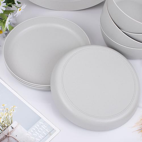 EI 12pcs Wheat Straw Dinnerware Set of 4,Plastic Plates Reuasble Unbreakable,Plastic Plates and Bowls Sets for Camping,Picninc,Family Dinner - color: Grey Wheat Straw Plates and Bowls